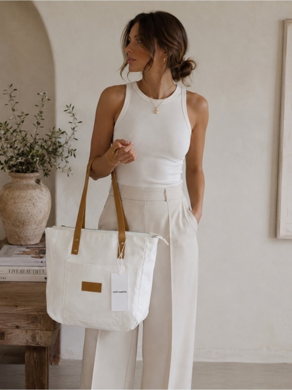 Cozy Earth Canvas Tote Bag Off White Tan Vegan Leather Handles NWT